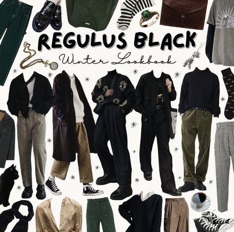 Sirius Black Outfit Aesthetic Men, Harry Potter Outfit Ideas Men, Dark Acedamia Outfit Ideas Male, Regulus Black Wardrobe, Dark Academia Capsule Wardrobe Men, Regulus Inspired Outfits, Masculine Academia Outfits, Masc Dark Academia Outfits Summer, Black Academia Outfit Men