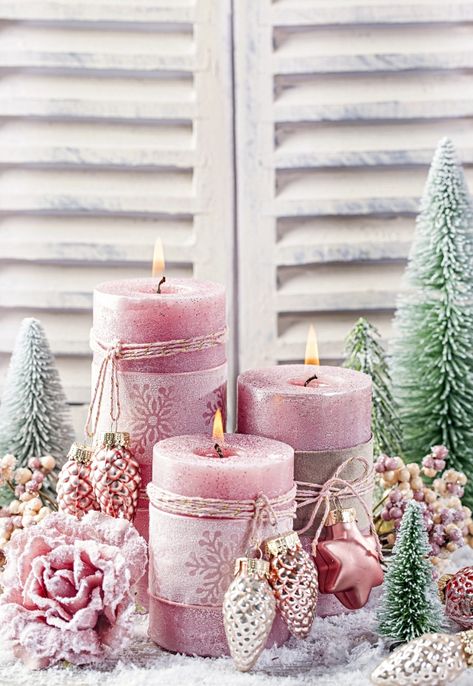 10 Ways to Display Christmas Candles - Town & Country Living Christmas Candles Diy, Chic Christmas Decor, Table Rose, Candle Scents, Christmas Candle Decorations, Deco Rose, Pink Xmas, Pink Christmas Decorations, Pink Holiday