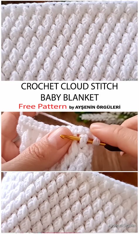 How To Crochet Cloud Stitch Baby Blanket - Free Pattern For Beginners - Crochetaholic Bobble Heart Crochet Blanket, Silt Stitch Crochet, Puff Stitch Crochet Blanket Free Pattern, Bulky Yarn Crochet Stitches, Crib Blanket Crochet Pattern, Verigated Yarn Crochet Patterns Blanket Free, Shell Blanket Crochet Pattern, Crochet Baby Blanket Bulky Yarn, Crochet Cotton Blanket Patterns Free