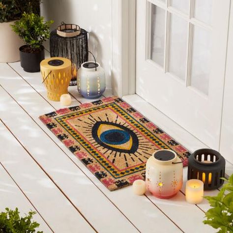 Yellow and Blue Evil Eye Coir Doormat | World Market Cute Doormats, Ship Craft, Led Lantern, Solar Lanterns, Cost Plus World Market, Coir Doormat, Witch House, Blue Evil Eye, Solar Led