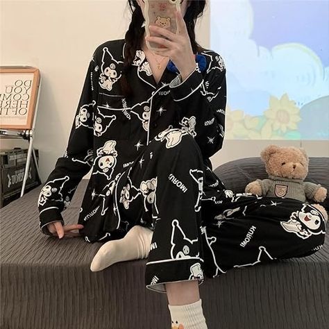 Gift a dash of rebellion and a lot of comfort with Sanrio Kuromi comfy pajamas – the cutest way to rock cozy nights this Christmas! 💜🌙 #KuromiDreams💜🖤 #commissionearned Kuromi Pajama Set, Kuromi Pjs, Kuromi Pajamas, Sleepwear Aesthetic, Danganronpa Oc, Sanrio Clothing, Cartoon Pajamas, Xo Kitty, Dark Kawaii