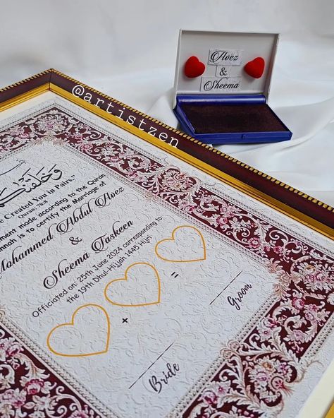 Sign your Dreamy Nikah Certificate 🖇💌!! ⭐ Printed Nikah Certificate with Inkpad . . #calligraphy #nikahframes #nikahcertificate #thumprint #instagood #explore #printednikah Nikah Nama Certificate, Nikah Certificate, Engagement Card Design, Bridal Shower Photo Prop, Wedding Frame Gift, Wedding Certificate, Floral Logo Design, Social Media Signs, Islamic Caligraphy Art