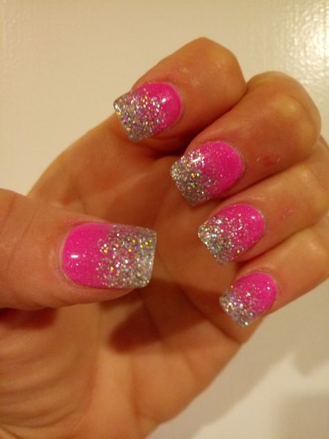 Hot pink & silver glitter ombre nails Hot Pink Nails With Sparkle, Pink Nails With Glitter Tips, Pink And Silver Ombre Nails, Hot Pink Nails Glitter, Hot Pink And Glitter Nails, Pink Nails With Sparkle, Hot Pink Nails With Design Glitter, Hot Pink Wedding Nails, Hot Pink And Gold Nails