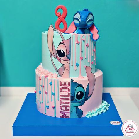 Drip Cake a tema Stitch in azzurro e rosa #stitch #angel #cakeideas #partyideasforkids #babycakes Stitch Smash Cake 1st Birthdays, Stitch Birthday Cake Girl, Stitch And Angel Cakes Ideas, Lilo And Angel Cake, Stitch Birthday Party Ideas Cake, Stitch Birthday Cake For Girl, Stitch And Angel Party Ideas, Angel Stitch Cake, Pink Stitch Cake