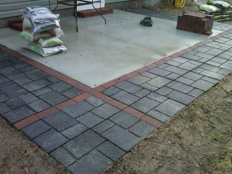 Concrete patio expanded with pavers/flagstones. http://slickdeals ... Diy Concrete Patio, Patio Blocks, Concrete Patio Makeover, Small Outdoor Patios, Cement Patio, Concrete Patio Designs, Concrete Patios, Patio Slabs, Gravel Patio