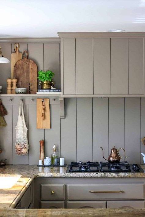 Wildflower Home, Taupe Paint Colors, Shiplap Kitchen, Taupe Kitchen, Painting Shiplap, Taupe Paint, Paint For Kitchen Walls, Taupe Walls, Shiplap Walls