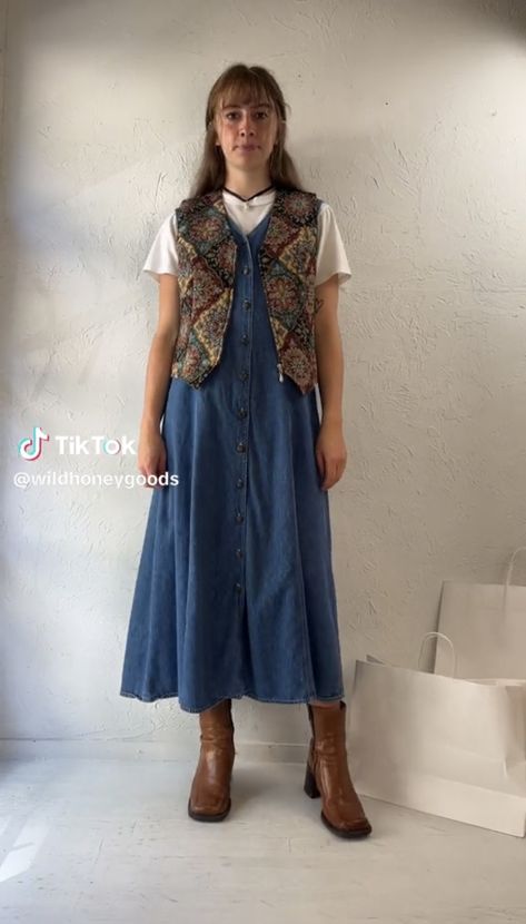 Indie Wedding Guest Outfit, My Outfit Vibe, Winter Dress Layering Outfit, Teacher Elementary Outfit, Earthy Formal Outfits, Art Professor Outfit, Ballet Flats Aesthetic Outfit, Earthy Vintage Outfits, Denim Skirt Outfit Work