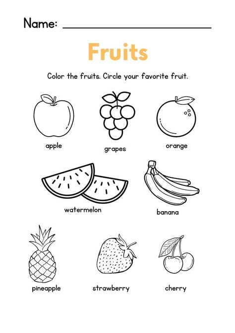 Name Of Fruits In English, Color The Fruits Worksheet, Fruit Names For Kids, Fruit Vegetables Worksheet, Fruit Worksheets For Kindergarten, Fruits Name Worksheet, Vegetables Worksheets Kindergarten, English Worksheets For Playgroup, Fruit Worksheets Preschool