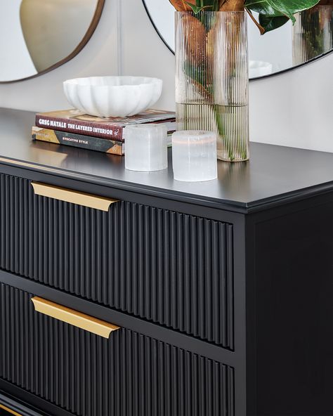 Fluted Chest Of Drawers, Chest Of Drawers As Bedside Table, Crockery Console, Bedroom Chest Of Drawers Styling, Fluted Bedside Table, Chest Of Drawers Styling, Small Bedside Tables, Dresser Hack, Black Chest Of Drawers