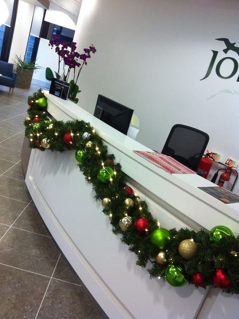 Reception Desk Christmas Decor, Work Desk Christmas Decor, Front Desk Christmas Decorations Office, Salon Christmas Decor, Professional Office Christmas Decor, Lobby Christmas Decorations, Christmas Office Decor, Office Christmas Decor, Holiday Office Decor