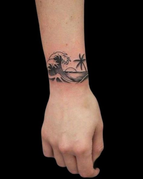 Beach Inspired Tattoos, Beach Tattoo Ideas, Beachy Tattoos, Wrist Band Tattoo, Bull Skull Tattoos, Simple Hand Tattoos, Floral Tattoo Shoulder, Simple Tattoos For Guys, Circle Tattoos