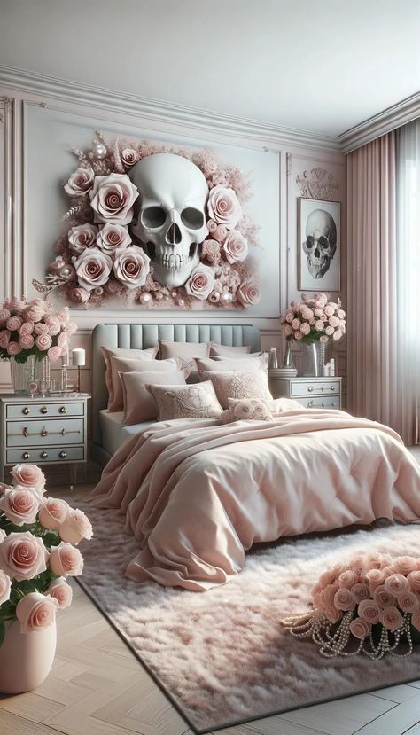 Transform your cozy corner 🏠 into a captivating panorama with our unique bedroom ideas! Cherish life's duality with our theme that incorporates skulls💀, blushing pink roses🌹, and pearls for a luxurious touch. Revel in the elegance of design that tells a tale of intertwined life elements. Evoke a sense of beauty and mystery with every glance. Recreate this exquisite escape in your home! #DreamySkullDesigns Diy Gothic Decor Bedroom, Corner Beds Ideas, Real Bedroom Ideas, Creepy Bedroom Aesthetic, Skull Home Decor, Creepy Room Aesthetic, Fancy Bedroom Luxury, Bedroom Ideas For Women, Romantic Goth Room