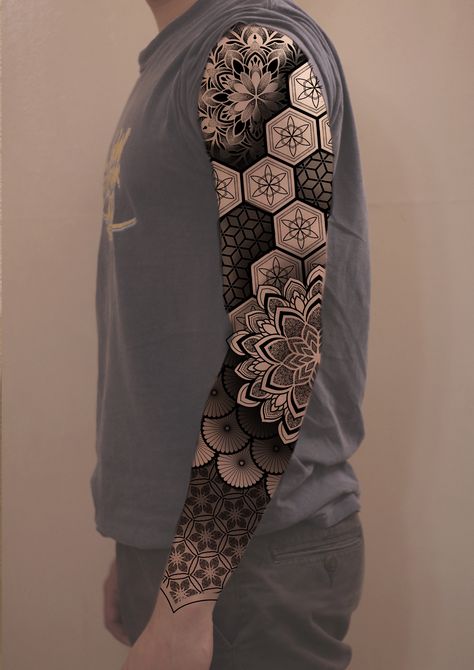 Geometric Full Sleeve Tattoo Design, Geometric Full Sleeve Tattoo, Calf Tattoo Men Ideas, Tattoo Sleeve Designs Women, Dotwork Pattern Tattoo, Pattern Sleeve Tattoo, Geometric Tattoo Leg Sleeve, Pattern Tattoo Design, Geometric Tattoo Sleeve