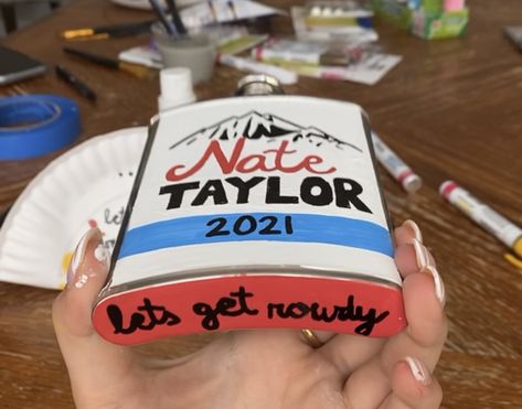 Sigma chi. Coors light. Frat. Let’s get rowdy. Hand painted flask. Fraternity formal flask ideas inspo Painted Flask Fraternity, Frat Flask Painted, Formal Flask, Flask Painting, Fraternity Flask, Painted Flask, Pi Kapp, Formal Coolers, Frat Formal