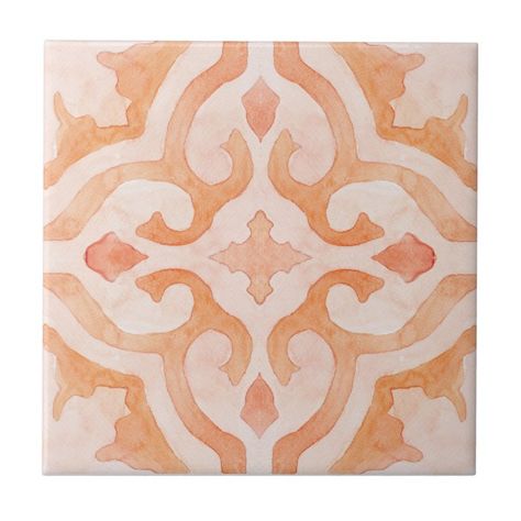 Moroccan tile in orange watercolor - Morocco Moroccan Tile Bathroom, Talavera Backsplash, Orange Tiles, Arabesque Tile, Orange Watercolor, Patterned Floor Tiles, Portuguese Tiles, Spanish Tile, Moroccan Tiles