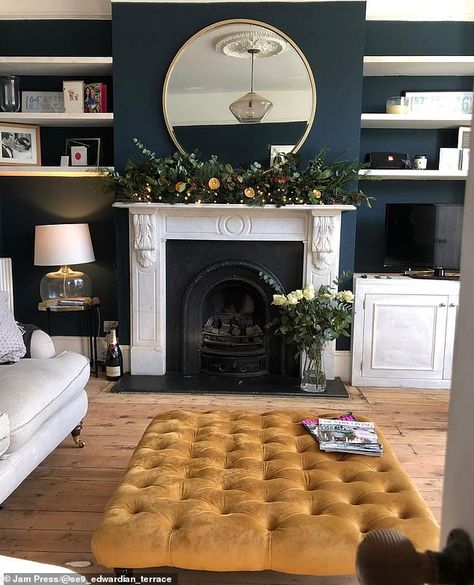 Farrow And Ball Living Room, Farrow Bal, Glamorous Living Room, Homing Pigeons, Hague Blue, Victorian Living Room, Edwardian House, Cosy Living Room, Lounge Decor