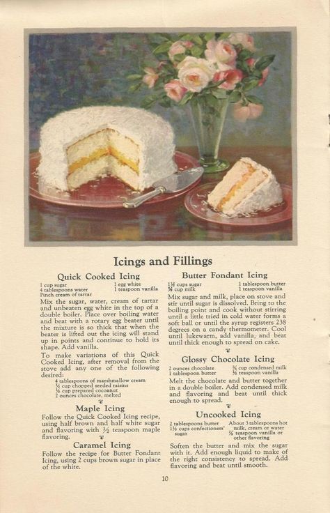 from a booklet called Cake Baking Made Easy with Airy Fairy (FLOUR) 1927.  If you have never tried a cake like this, I would highly recommend it.  There is nothing else like the flavor of a homemade cake Cooked Icing, 1920s Cake, Maple Icing, Airy Fairy, Vintage Pasta, Cake Filling Recipes, Cake Filling, Icing Cake, Vintage Baking