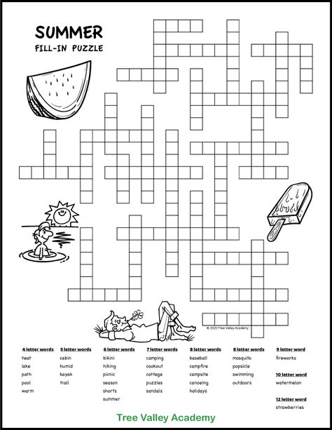 Free printable summer themed fill-it-in puzzles for kids. This fun and educational word puzzle has a lot of camping words so would be especially great to take on your families next camping trip. Pdf includes answer pages. Word Fill In Puzzles Free Printable, Summer Puzzles Free Printable, Summer Crossword Puzzle Free Printable, Fill In Puzzles Free Printable, Cross Word Puzzles For Kids, Summer Crossword Puzzle, Summer Crossword, Word Puzzles Printable, Kids Crossword Puzzles