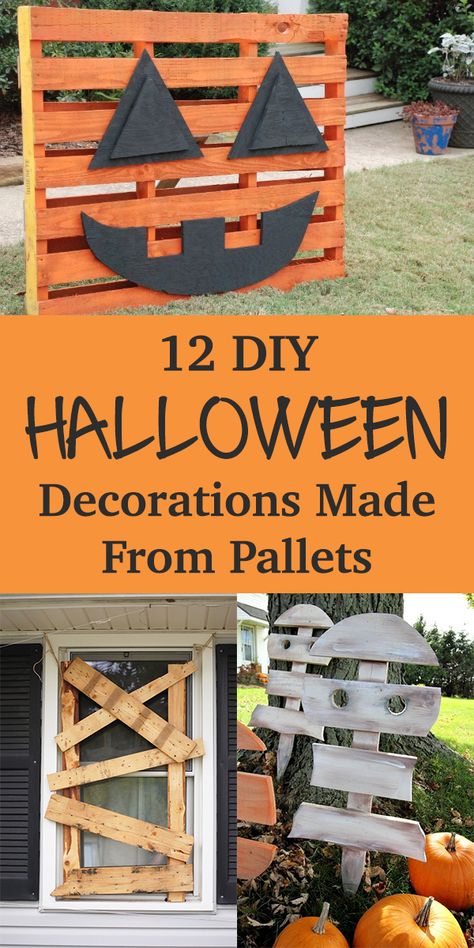 12 Awesome DIY Halloween Decorations Made From Pallets Halloween Decorations Pallets, Awesome Diy Halloween Decorations, Halloween Pallet Projects, Pallet Halloween Decorations, Diy Halloween Dress, Halloween Pallet, Pallet Board Ideas, Funny Decorations, Pallet Halloween