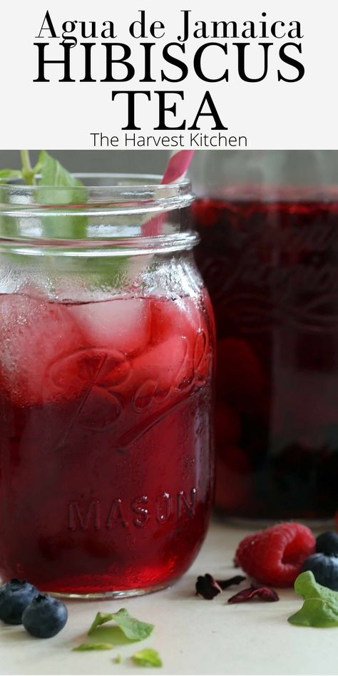 This Hibiscus Tea Recipe (Agua de Jamaica) combines dried hibiscus flowers, a mix of fresh organic berries and water to create a healthy thirst-quenching drink. Add a drizzle of honey or a splash of lemonade for a delicious tasting Hibiscus Sweet Tea. You might want to add this tea to your daily wellness plan, because there’s a lot of hibiscus tea benefits! Hibiscus Tea Recipe, Alkaline Drinks, Hibiscus Tea Benefits, Flavored Teas, Homemade Tea Recipes, Infused Tea, Teas Recipes, Dried Hibiscus Flowers, Harvest Kitchen