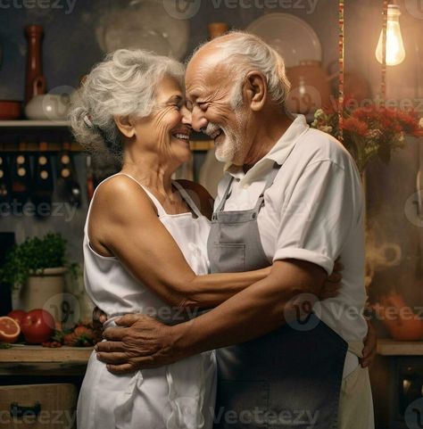 Senior couple smiling while embracing in kitchen stock photos, modern aging stock images, ai generated aging images Old Age Love, Older Couple Photography, Couple Smiling, Older Couple, Elderly Couples, Couple In Love, Old Age, In Kitchen, Couples In Love