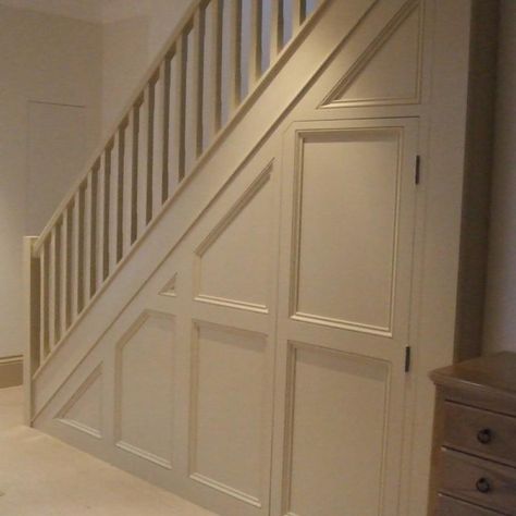 Under Stairs Panelling Ideas, Understairs Cupboard Door Ideas, Under Stair Panelling, Panelled Under Stairs Storage, Under Stairs Storage Panelling, Panelling Under Stairs, Under Stairs Panelling, Understairs Panelling, Doors Under Stairs