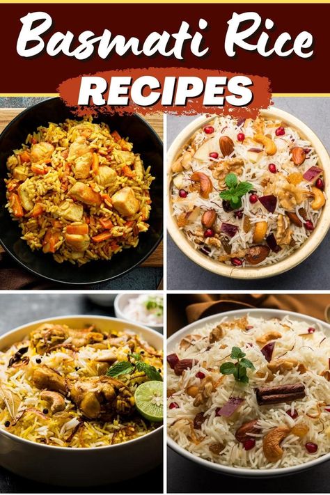 These tempting basmati rice recipes make excellent side dishes and entrees! From rice pilaf to fried rice to soup and salad, you can't go wrong with these dishes. Dishes With Basmati Rice, Basmati Rice Side Dish Recipes, Recipes Using Basmati Rice, Basmati Rice Bowl Recipes, Basmati Brown Rice Recipes, Flavored Basmati Rice Recipes, Indian Rice Dishes, Basmati Fried Rice Recipes, Balsamic Rice Recipes