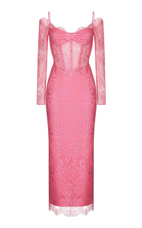 Off-The-Shoulder Lace & Satin Midi Dress by RASARIO for Preorder on Moda Operandi Midi Dress Pink, Corset Midi Dress, Satin Corset, Pink Gowns, Embroidery Designs Fashion, Satin Midi Dress, Pink Midi Dress, Look Stylish, Stage Outfits