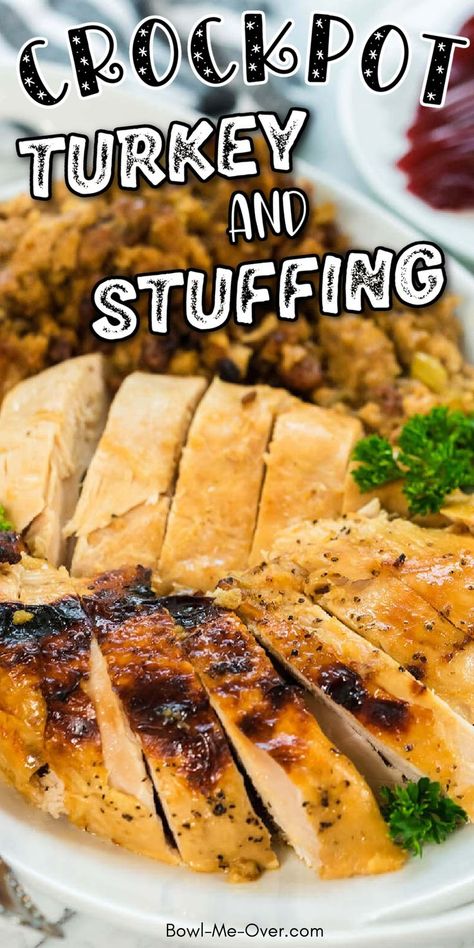 Sliced turkey breast on platter surrounded by stuffing. With overlay for Pinterest. Crockpot Turkey Dressing, Turkey Breast And Stuffing, Turkey Breast With Stuffing, Crock Pot Turkey, Turkey Breast Crockpot, Turkey And Stuffing, Turkey Dressing, Chicken Breast Crockpot Recipes, Slow Cooker Pork Tenderloin