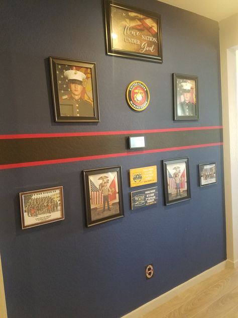 Marine Corps Decor, Marine Corps Room Ideas, Marine Corps Home Decor, Crucible Table Ideas, Military Office Decor Ideas, Marine Room Decor, Military Wall Decor Ideas, Military Decorating Ideas, Marine Corps Wall Decor