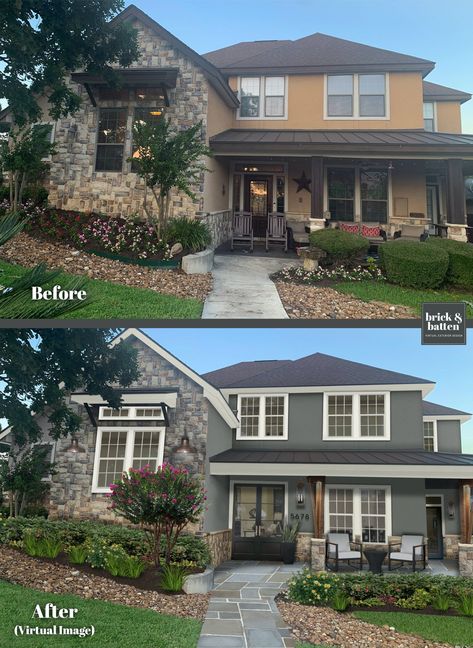 7 Tips for Using Kendall Charcoal by Benjamin Moore on Exteriors | brick&batten Charcoal Gray House Exterior, Charcoal House, Benjamin Moore Exterior, Exterior Color Combinations, Kendall Charcoal, Gray House Exterior, House Paint Color Combination, Porch Accessories, Craftsman Bungalow