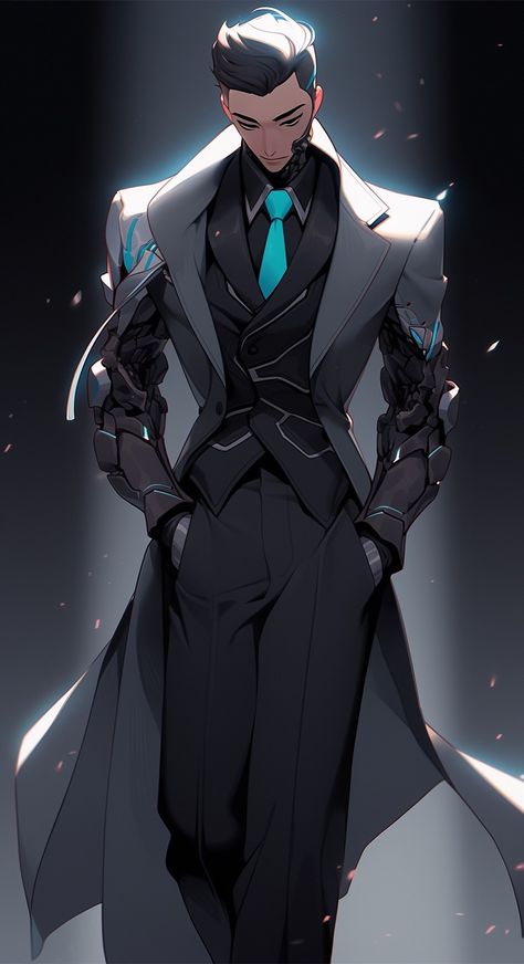 Character Design Male Futuristic, Sci Fi Business Suit, Starfinder Android Male, Anime Scifi Outfit, Sci Fi Formal Suit, Cyberpunk Suit And Tie, Cyberpunk Outfit Art Male, Android Art Male, Ice Hero Costume Design Male