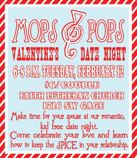 Oh Pickles: MOPS and POPS Valentine Banquet. MOPS couples night idea. Banquet Games, Valentine Banquet, Be You Bravely, Couples Night, Valentine Date, Mops Crafts, Free Indeed, Moms Night, Biblical Marriage