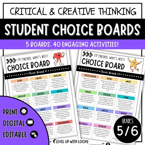 Challenge your Year 5/6 students with this set of 5 engaging Choice Board Activities. Designed specifically for early finishers, these choice boards offer opportunities for deeper thinking while building creativity, critical thinking, problem-solving, and independence. Student Choice Boards, Choice Board, Student Choice, 7th Grade Ela, 8th Grade Ela, High School Ela, Choice Boards, 6th Grade Ela, Elementary Ela