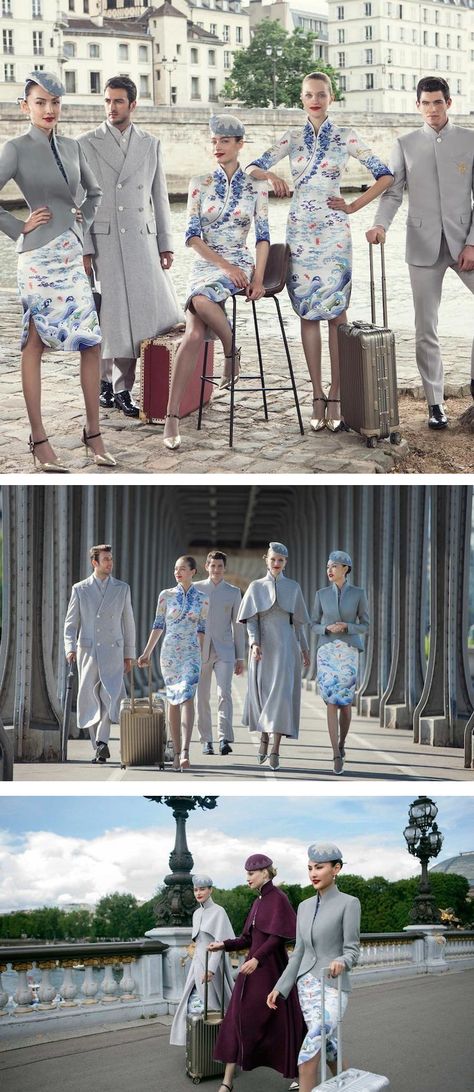 World renowned designer Laurence Xu has updated the uniforms for the crews of Hainan Airlines. Airline Outfit, Hainan Airlines Uniform, American Airlines Flight Attendant Uniform, United Airlines Flight Attendant, Hainan Airlines, Doctor Dress, Airline Uniforms, Flight Attendant Uniform, Asiana Airlines