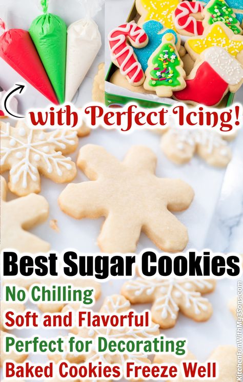 BEST SUGAR COOKIE RECIPE... - Kitchen Fun With My 3 Sons Christmas Desert Recipes, The Best Sugar Cookie Recipe, Sugar Cookie Icing Recipe, Best Sugar Cookie, Christmas Sugar Cookie Recipe, Christmas Cutout Cookies, Christmas Cookie Recipes Holiday, Cookie Icing Recipe, Christmas Baking Cookies