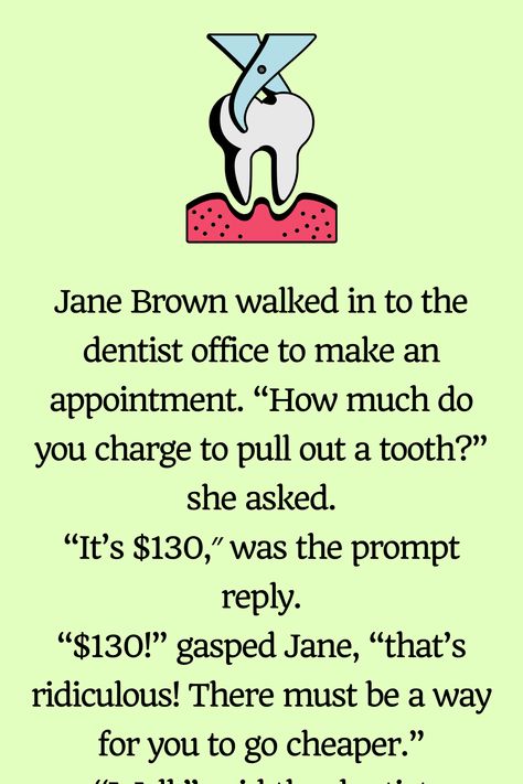 Jane Brown walked in to the dentist office to make an appointment. “How much do you charge to pull out a tooth?” she asked. “It’s $130,″ was the prompt reply. “$130!” gasped… Dentistry Humor, Funny Airport Signs, Tooth Pulled, Dentist Appointment, Wife Jokes, Funny Long Jokes, Dentist Office, Long Jokes, The Dentist