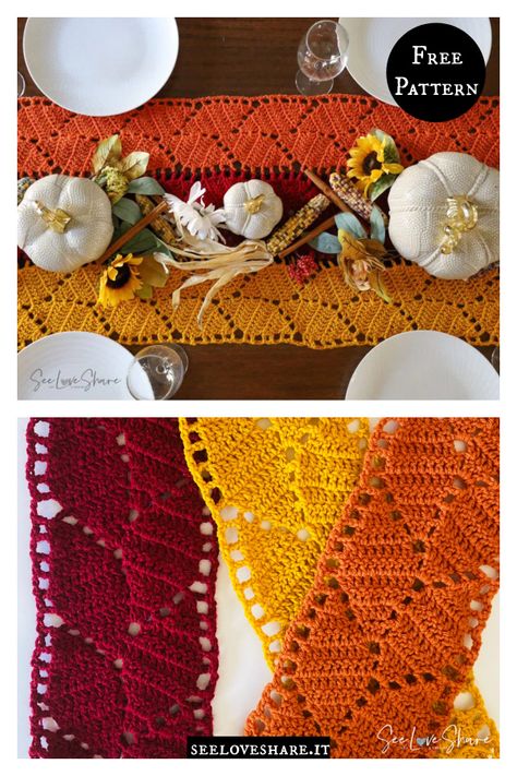 Autumn Leaves Decor Free Crochet Pattern Crochet Fall Table Runner Pattern, Thanksgiving Crochet Doily Pattern, Fall Table Runner Crochet, Crochet Leaf Table Runner, Crochet Winter Table Runner, Fall Crochet Doily Patterns Free, Crochet Fall Placemats, Fall Crochet Stitches, Crochet Pumpkin Placemat