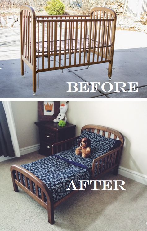 That old crib was what I slept in as a baby, and so did all of my siblings. Of course crib safety has changed since then and I couldn't pass this down to my own kids without completely changing it. Co Reupholster Couch, Diy Toddler Bed, Old Cribs, Diy Crib, Diy Nightstand, Diy Couch, Toddler Beds, Farmhouse Bedding, Diy Toddler