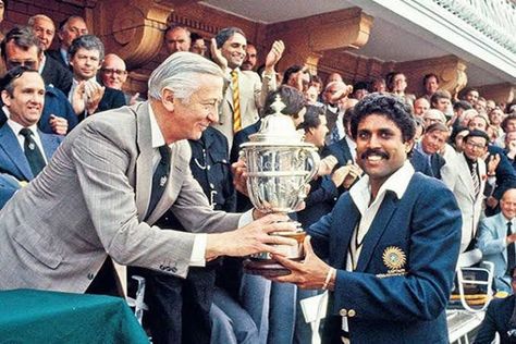 This day that year : On today India won the maiden World cup beating the mighty West Indians at Lords. Skipper Kapil Dev in the pics lifting the trophy on behalf of the Indian Cricket Team.  India : 183 West Indies : 140 all out National Sports Day, Kapil Dev, World Cup Trophy, Cricket In India, First World Cup, Test Match, World Cricket, India Win, India Independence