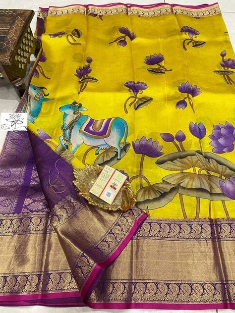 Penkalamkari Saree, Tassels Designs, Floral Sarees, Kalamkari Fabric, Kalamkari Designs, Saree Tassels Designs, Kanjivaram Sarees Silk, Bridal Necklace Designs, Saree Tassels