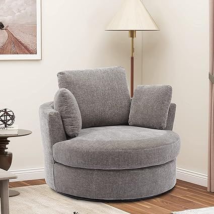 Amazon.com: Oversized Swivel Accent Round Chair Modern Chenille Upholstered Sofa Chair with 3 Pillow 360 Swivel Lounge Chair Cozy Club Leisure Chair for Living Room Bedroom Home Office (Chenille Gray) : Home & Kitchen Swivel Sofa, Classic Chair Design, Round Swivel Chair, Chair For Living Room, Round Sofa, Swivel Barrel Chair, Living Room Lounge, Round Chair, Swivel Accent Chair