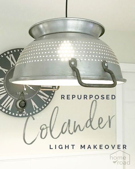 Diy Farmhouse Hanging Light, Colander Light Fixture, Tin Can Lights Diy, Diy Light Fixtures Ceiling, Homemade Lights, Colander Light, Tin Can Lights, Repurposed Lighting, Light Over Sink