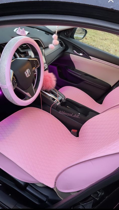 Pink Honda Civic, Honda Civic Aesthetic, Pink Honda, Car Necessities, Pink Car Accessories, Hello Kitty Car, Girly Car Accessories, Car Deco, Cool Car Accessories