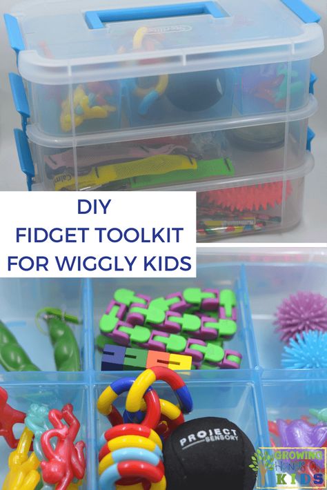 DIY Fidget Toolkit for Wiggly Kids. via @growhandsonkids Fidget Tools, Sensory Tubs, Diy Fidget Toys, Sensory Diet, Cool Fidget Toys, Pediatric Occupational Therapy, Sensory Rooms, Sensory Tools, Sensory Boxes