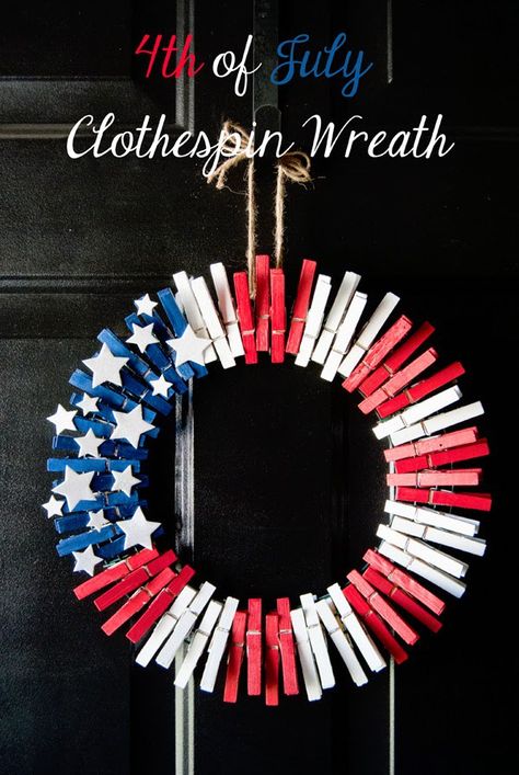 I can already hear fireworks at night going off through the neighborhood, the colors red, white and blue are showing up everywhere and the planning of BBQ’s is in the air; this going to show … Clothespin Wreath, Clothes Pin Wreath, Blue Crafts, Patriotic Crafts, Diy Wreaths, Clothes Pin Crafts, 4th Of July Decorations, Patriotic Holidays, Patriotic Wreath