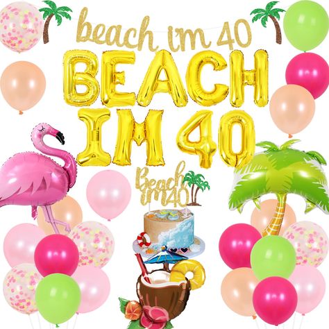 PRICES MAY VARY. Tropical 40th Birthday Decorations: Include 1pc beach i’m 40 banner, 1pc beach im 40 foil balloon 16”, 1pc beach im 40 cake topper, 1pc flamingo foil balloon, 1pc palm tree foil balloon, 1pc pina colada coconut drink foil balloon, 20pcs latex balloons 12”. High Quality: Beach 40th birthday party decorations are made of premium glitter cardstock, foil and latex, sturdy and durable. Easy To Assemble: Beach I’m 40 banner is not pre-strung, it’s easy to thread through punched banner Hawaiian 40th Birthday Party, Beach Birthday Ideas For Adults, 40th Luau Birthday Party, Luau 40th Birthday Party Ideas, Flamingo 40th Birthday Party, Beach Birthday Party For Adults, Birthday At The Beach, 40 Cake, Balloon Cake Topper