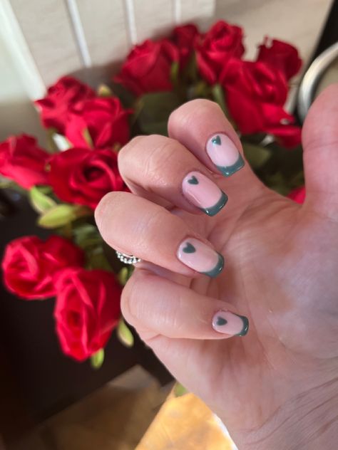 Green gel nails tip and heart design Green French Tip Nails With Heart, Colourful Heart Nails, Green Heart Nails, Confirmation Nails, Green Gel Nails, Gel French Tips, Shellac Nail Colors, Shellac Nail Designs, Light Purple Nails