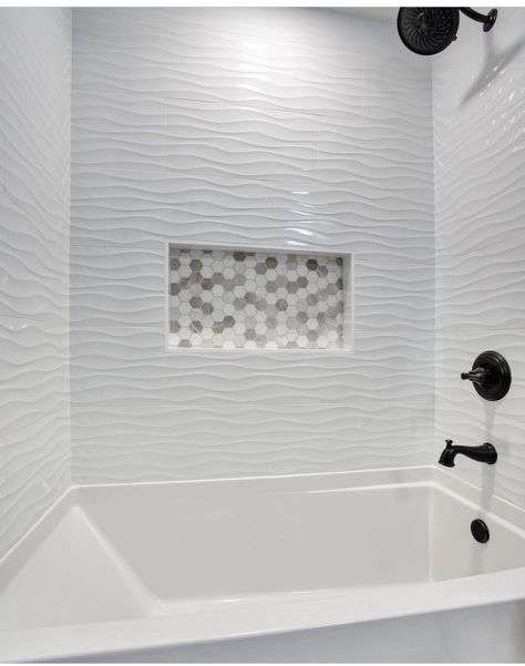 Main Bathroom Tile Ideas, Green And White Shower Tile, Bathtub Shower Combo Tile Ideas, Wavy Shower Tile, Modern Farmhouse Bathroom Shower Tile, White Textured Shower Tile, Tub Shower Tile Ideas Bathtubs, Wavy Tile Bathroom, Wavy White Tile Bathroom