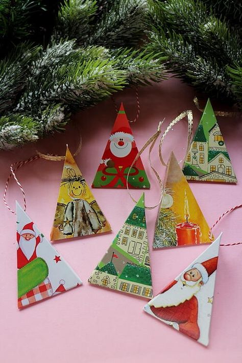 Upcycled Christmas Card Ornaments Old Christmas Cards What To Do With, Collage Christmas Cards Ideas, Crafts With Old Christmas Cards, Christmas Cards With Ornaments, Diy Christmas Card Ornaments, Handmade Ornaments Christmas, Paper Crafts Christmas, Christmas Card Collage, Christmas Papercrafts